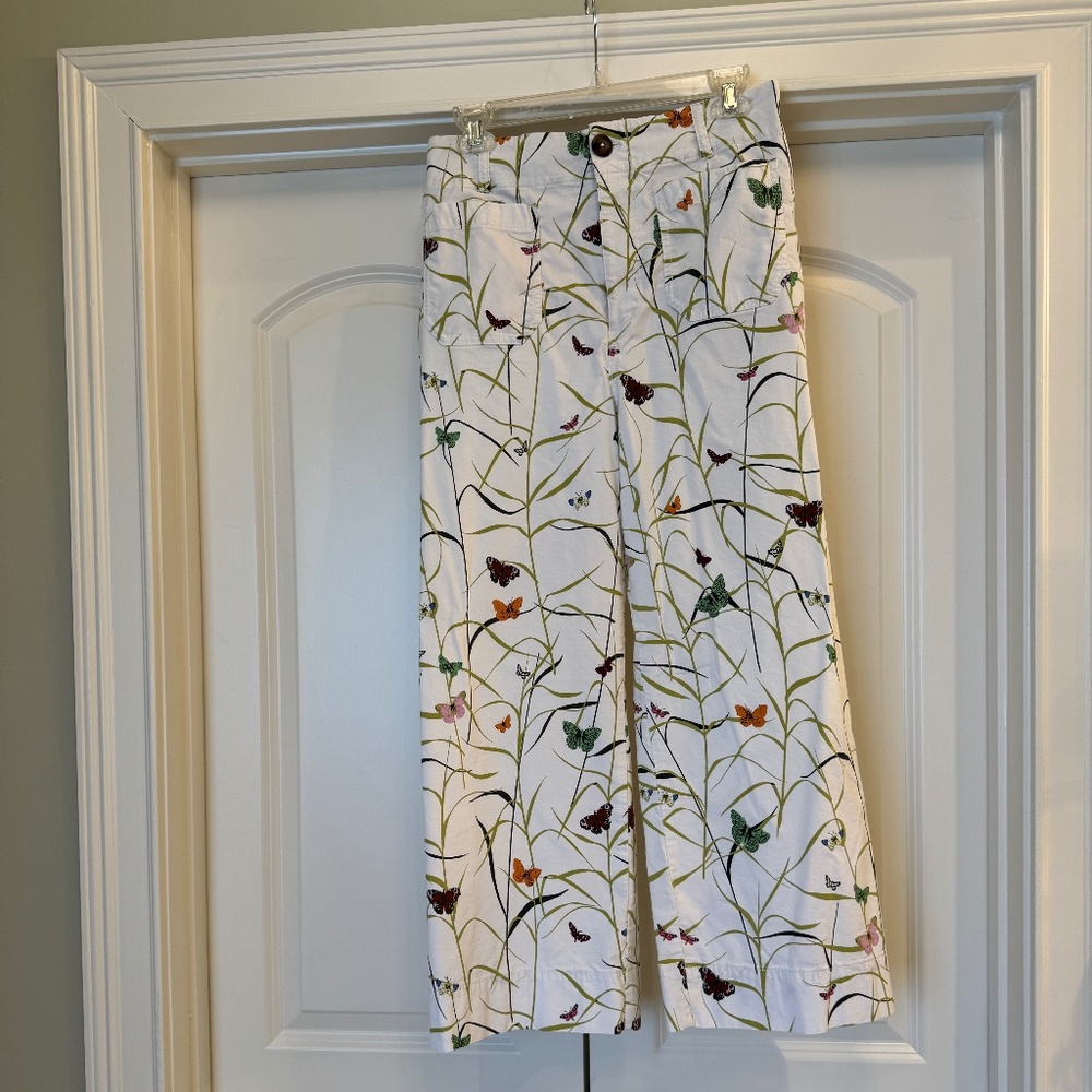 🦋 Anthropologie Maeve Colette Wide-Leg Cropped Pants Butterfly Print Sz 29